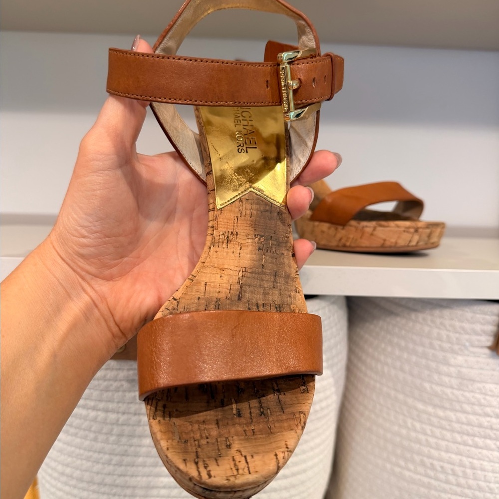 Michael Kors Cognac Leather Cork Platform Heels - Picture 6 of 13